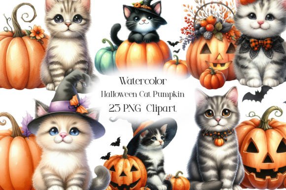 Download Watercolor Halloween Cat Pumpkin Clipart - Clipart Collection