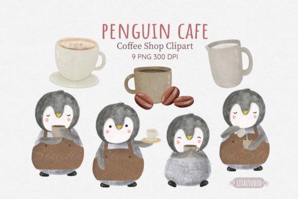 Download Watercolor Cute Penguin Cafe Clipart Set - Clipart Collection