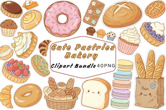 Download 40 Cute Kawaii Bakery Clipart PNG Bundle - Clipart Collection