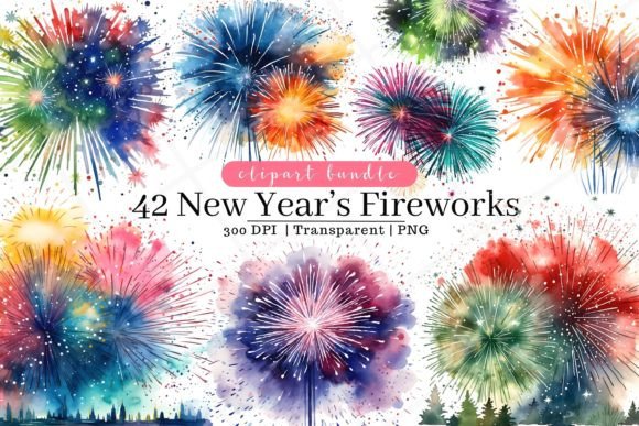 Download New Year's Fireworks Watercolor Clipart - Clipart Collection