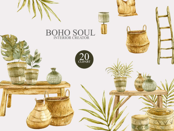 Download Watercolor Boho Interior Clipart Set - Clipart Collection