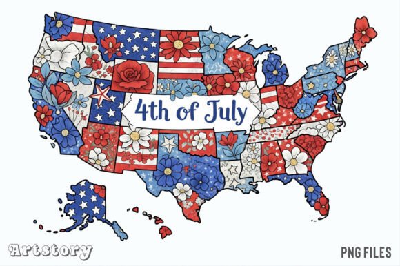 Download 4th of July Floral USA State Map Clipart - Clipart Collection
