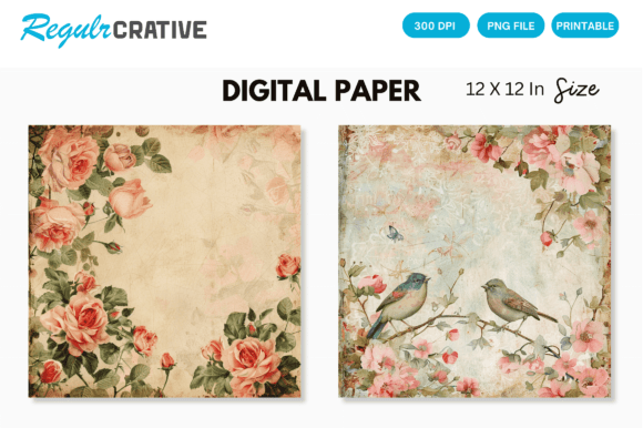Download Shabby Chic Vintage Birds Digital Paper - Premium Bundle
