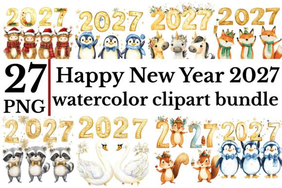 Download Happy New Year 2027 Watercolor Clipart B - Clipart Collection